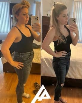 Client's fitness progress with a before and after comparison, attributed to her training at Apex Performance Gym and their bootcamp.