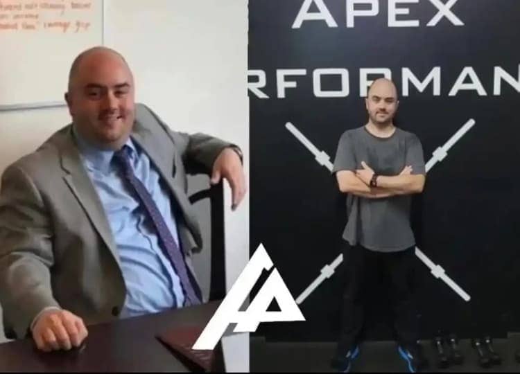 male client at Apex Performance Gym, juxtaposing a formal before scenario with a relaxed after pose against the gym's branded backdrop