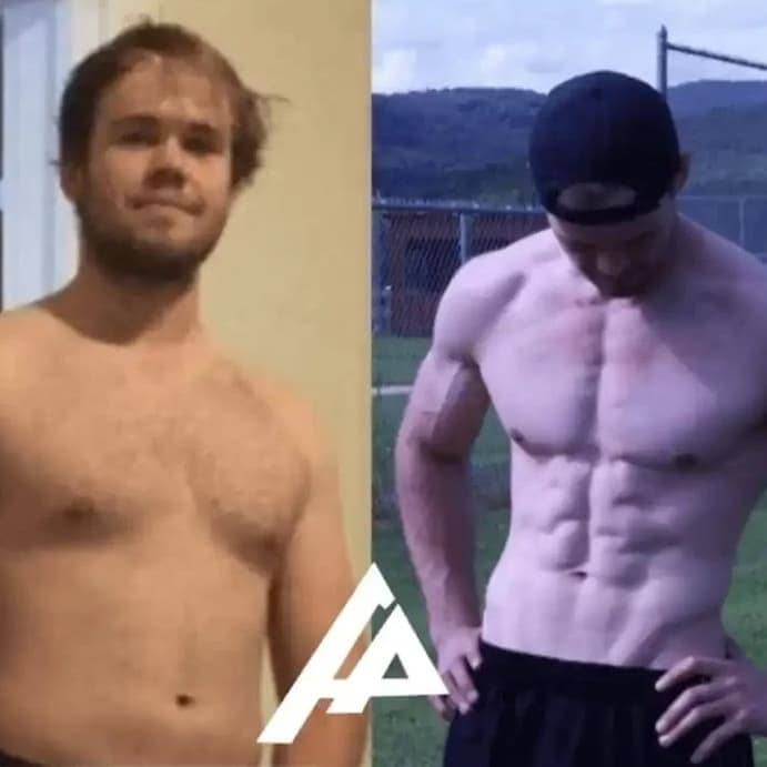 Client's physical transformation showcases muscle definition and weight loss after dedicated training at Apex Performance Gym.