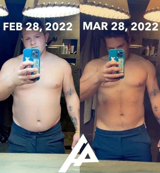 Male client's weight loss and muscle gain over one month