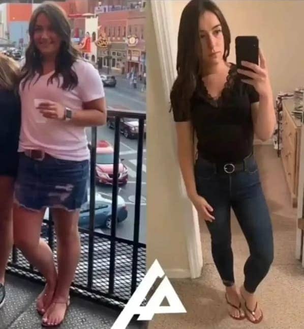 Female gym-goer's before and after photos, highlighting her fitness journey and success through Apex Performance Gym's comprehensive health program.