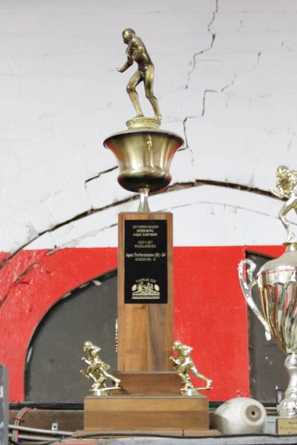 Close-up of a winning trophy at Apex Performance Gym highlighting the success of their sports training and dedication to athletic development.